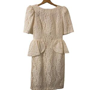 1980'S GLENROB Peplum Dress Ivory Lace Puff Sleeves Lined Bow Back NWOT 9/10 JR